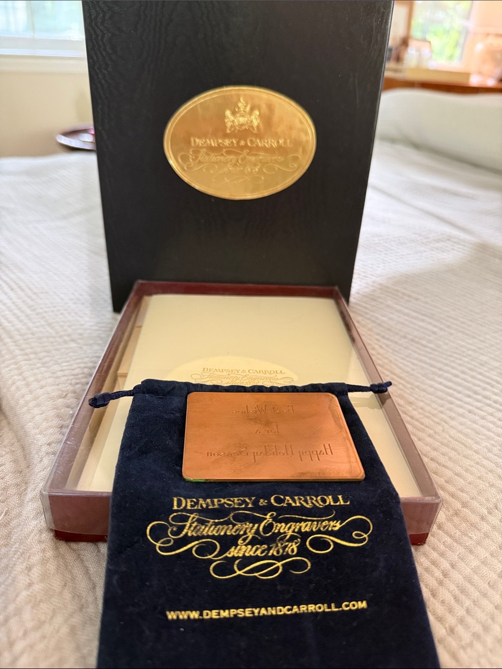 DEMPSEY & CARROLL Copper Engraver’s Plate w/ Happy Holiday Message + Stationery